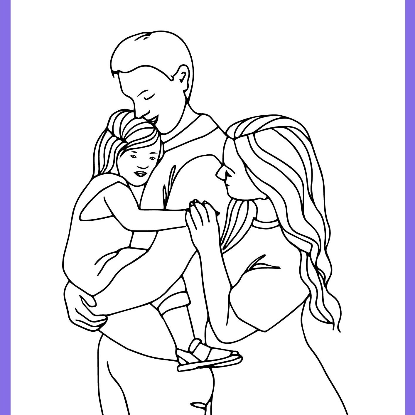 desenho para colorir família em diferentes cenários (casa, parque, praia)