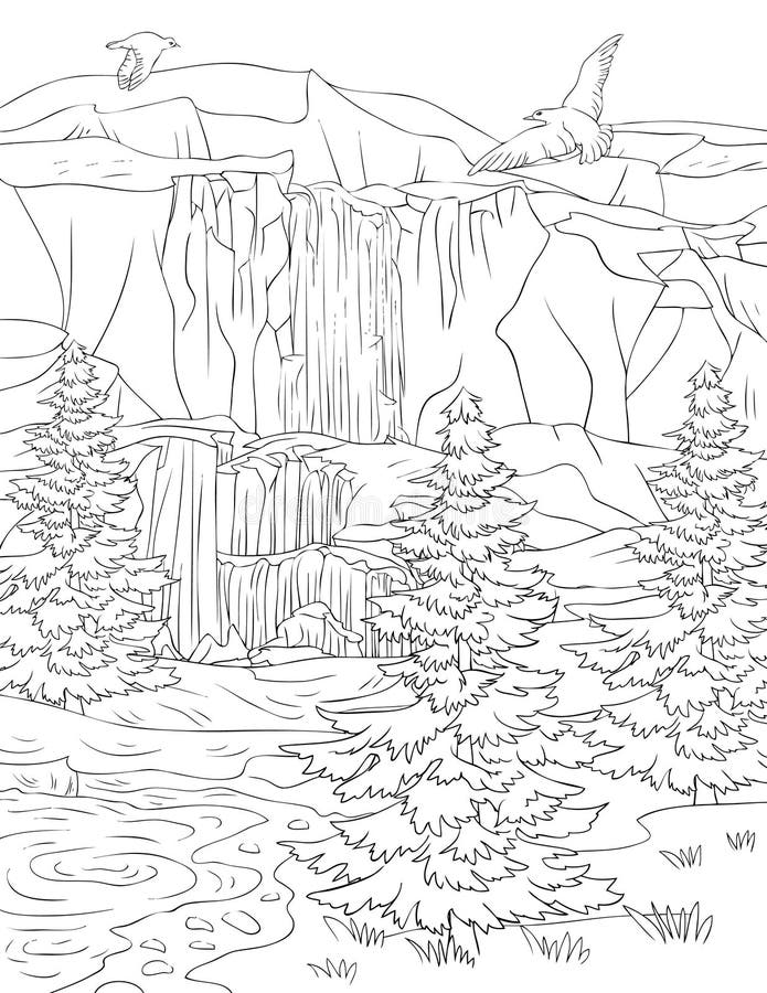 desenho para colorir paisagem cachoeira