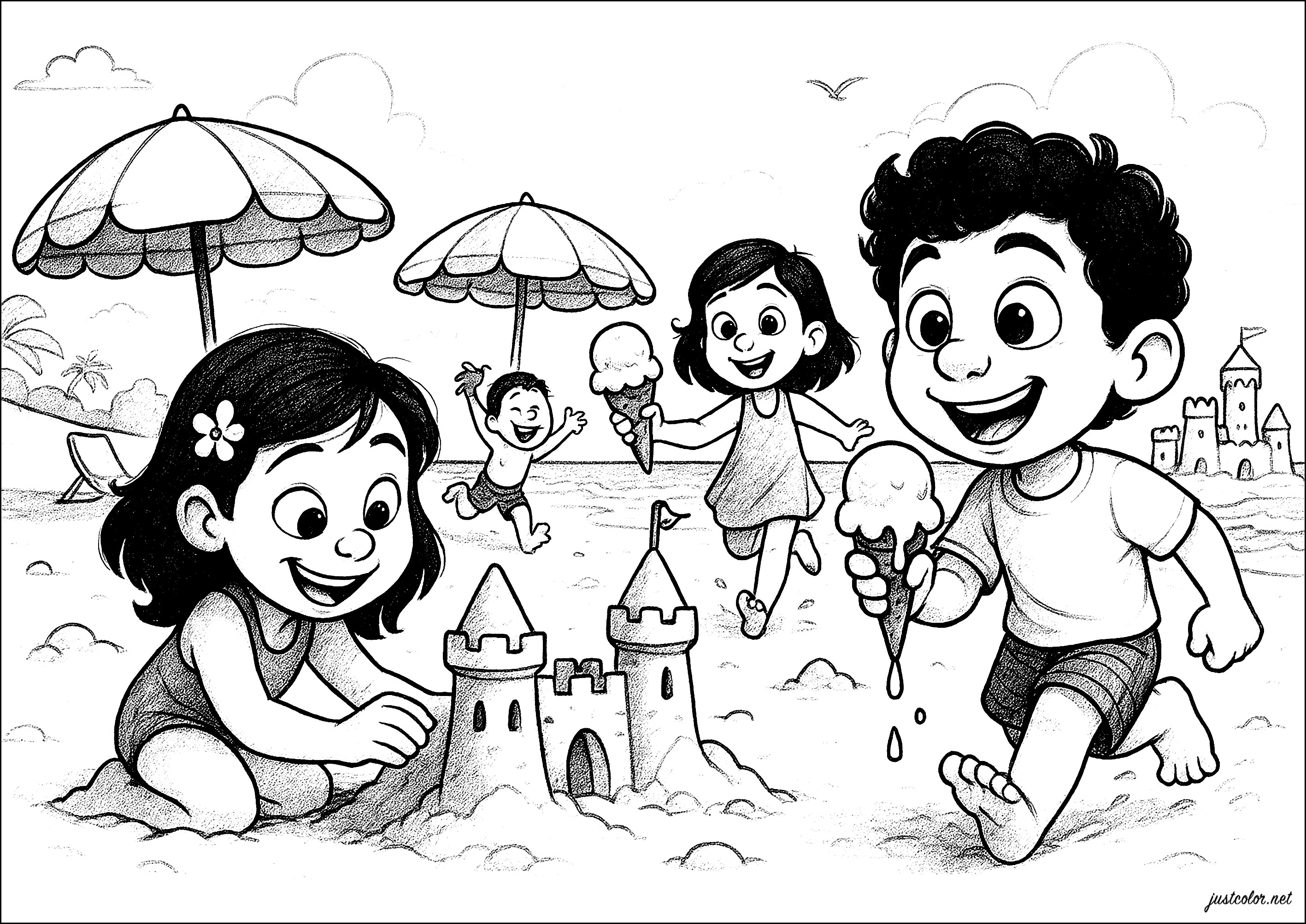 desenho de crianças na praia para colorir