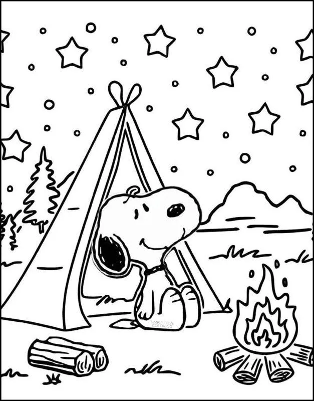 Os Melhores Desenhos do Snoopy Acampando para Imprimir e Colorir