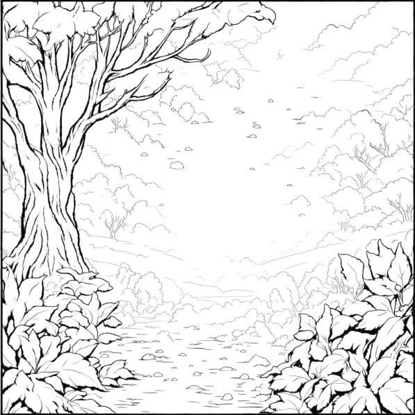 desenho de floresta com cogumelos para colorir