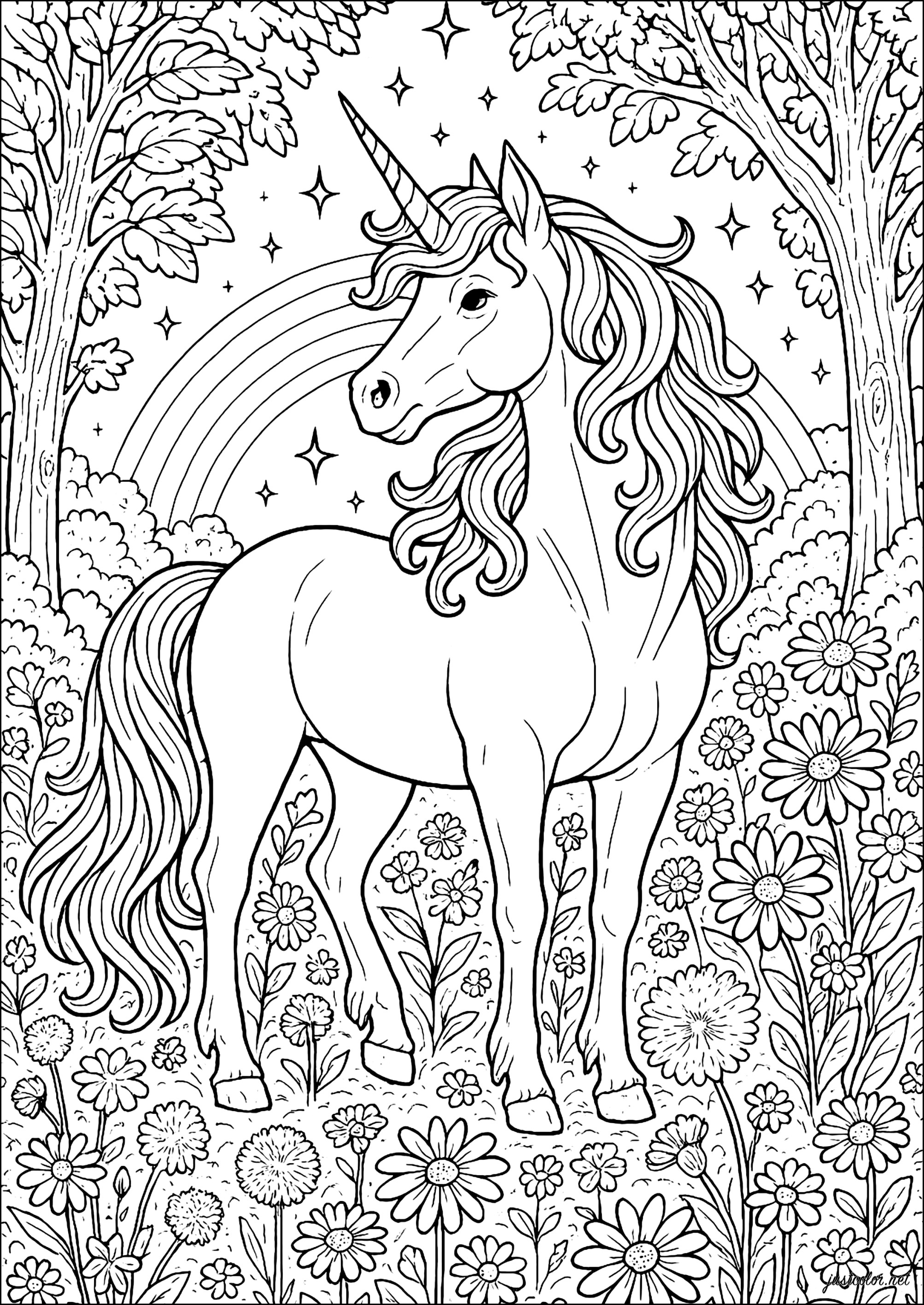 unicornio com arco iris para colorir